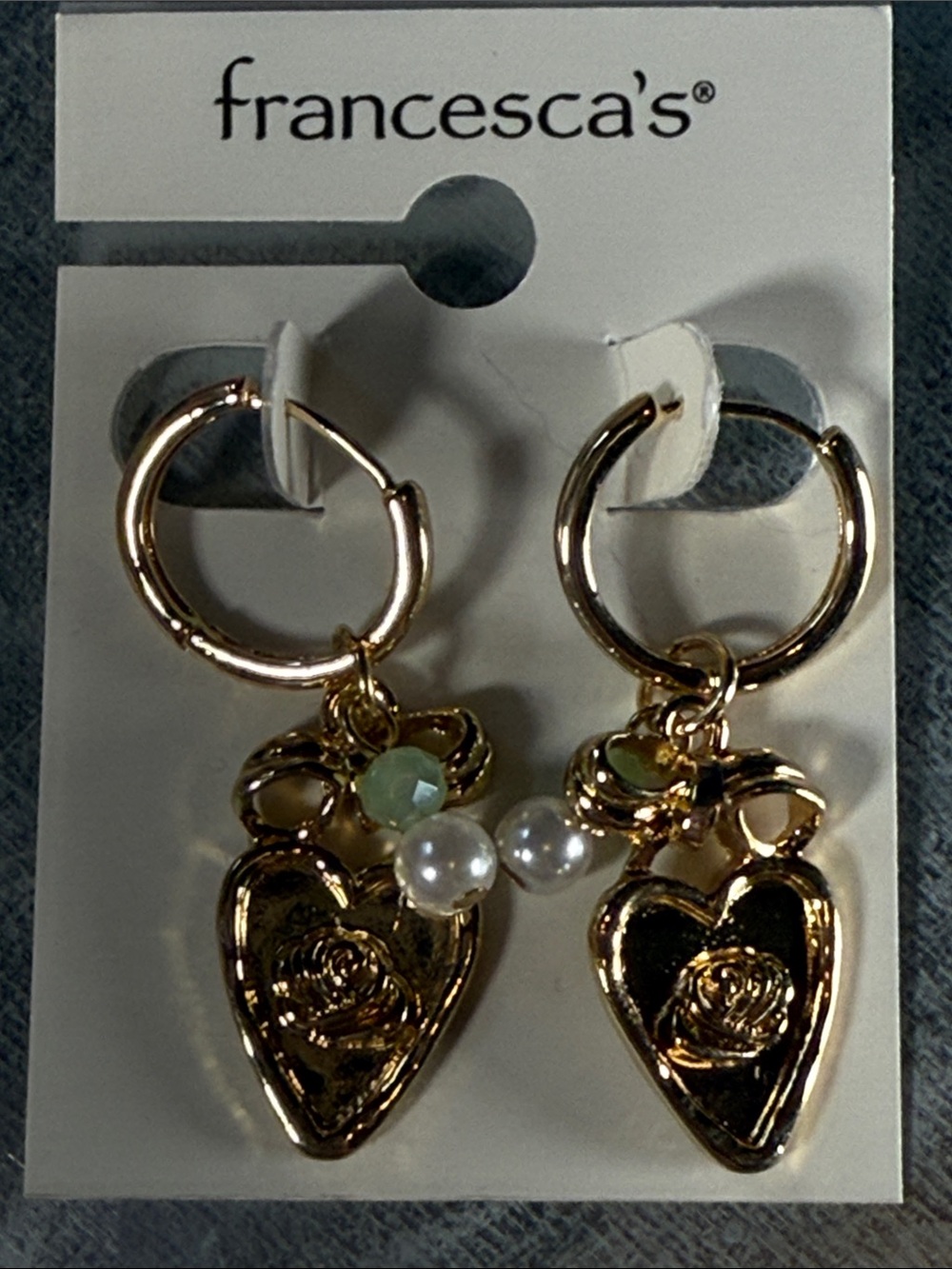 Francesca's Collections Gold Heart Hoop Earrings with Green and Pearl Accents
